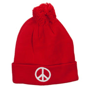 Peace Symbol Embroidered Pom Cuff Beanie