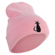 Halloween Black Cat Embroidered 12 inch Acrylic Cuffed Long Beanie - Pink OSFM