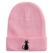 Halloween Black Cat Embroidered 12 inch Acrylic Cuffed Long Beanie - Pink OSFM