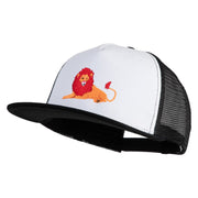 Lounging Lion Embroidered Flat Bill Snapback Trucker Cap - White Black OSFM