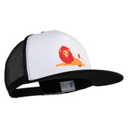 Lounging Lion Embroidered Flat Bill Snapback Trucker Cap - White Black OSFM