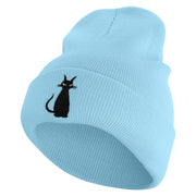 Halloween Black Cat Embroidered 12 inch Acrylic Cuffed Long Beanie - Lt-Blue OSFM