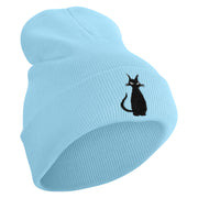 Halloween Black Cat Embroidered 12 inch Acrylic Cuffed Long Beanie - Lt-Blue OSFM