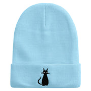 Halloween Black Cat Embroidered 12 inch Acrylic Cuffed Long Beanie - Lt-Blue OSFM