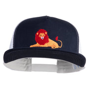 Lounging Lion Embroidered Flat Bill Snapback Trucker Cap - White Navy OSFM
