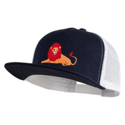 Lounging Lion Embroidered Flat Bill Snapback Trucker Cap - White Navy OSFM