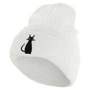 Halloween Black Cat Embroidered 12 inch Acrylic Cuffed Long Beanie - White OSFM