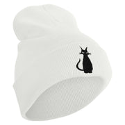 Halloween Black Cat Embroidered 12 inch Acrylic Cuffed Long Beanie - White OSFM