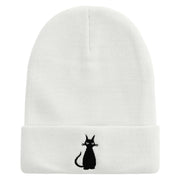 Halloween Black Cat Embroidered 12 inch Acrylic Cuffed Long Beanie - White OSFM