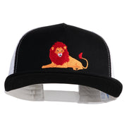 Lounging Lion Embroidered Flat Bill Snapback Trucker Cap - Black White OSFM