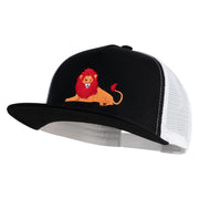 Lounging Lion Embroidered Flat Bill Snapback Trucker Cap - Black White OSFM
