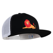 Lounging Lion Embroidered Flat Bill Snapback Trucker Cap - Black White OSFM