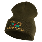 Merry Christmas Mistletoe Embroidered 12 inch Cuffed Knit Long Beanie