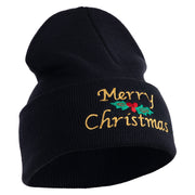 Merry Christmas Mistletoe Embroidered 12 inch Cuffed Knit Long Beanie