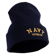 Navy Veteran Letters Embroidered 12 inch Cuffed Knit YP Long Beanie - Navy OSFM