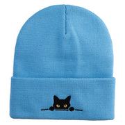 Judging Cat Logo Embroidered 12 Inch Solid Knit Cuff Long Beanie Made in USA - Carolina Blue OSFM