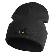 Judging Cat Logo Embroidered 12 Inch Solid Knit Cuff Long Beanie Made in USA - Black OSFM