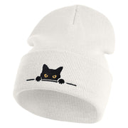 Judging Cat Logo Embroidered 12 Inch Solid Knit Cuff Long Beanie Made in USA - White OSFM