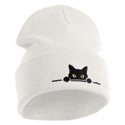 Judging Cat Logo Embroidered 12 Inch Solid Knit Cuff Long Beanie Made in USA - White OSFM