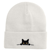 Judging Cat Logo Embroidered 12 Inch Solid Knit Cuff Long Beanie Made in USA - White OSFM