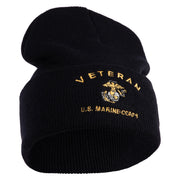 Veteran US Marine Corps Logo Embroidered 12 Inch Cuff Long Beanie Made in USA - Black OSFM