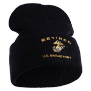 Retired US Marine Corps Logo Embroidered 12 Inch Cuff Long Beanie Made in USA - Black OSFM