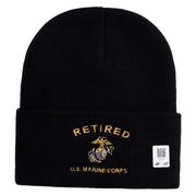 Retired US Marine Corps Logo Embroidered 12 Inch Cuff Long Beanie Made in USA - Black OSFM