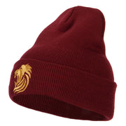 Gold Lion Embroidered Long Cuffed Beanie