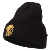 Gold Lion Embroidered Long Cuffed Beanie