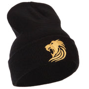 Gold Lion Embroidered Long Cuffed Beanie