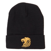 Gold Lion Embroidered Long Cuffed Beanie