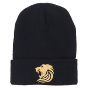 Gold Lion Embroidered Long Cuffed Beanie