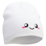 Cute Emoji Face Embroidered 8 Inch Knitted Short Beanie - White OSFM