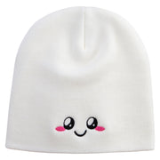 Cute Emoji Face Embroidered 8 Inch Knitted Short Beanie - White OSFM