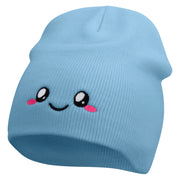 Cute Emoji Face Embroidered 8 Inch Knitted Short Beanie - Lt-Blue OSFM