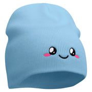 Cute Emoji Face Embroidered 8 Inch Knitted Short Beanie - Lt-Blue OSFM