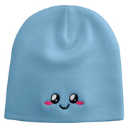 Cute Emoji Face Embroidered 8 Inch Knitted Short Beanie - Lt-Blue OSFM