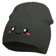 Cute Emoji Face Embroidered 8 Inch Knitted Short Beanie - Dk-Grey OSFM