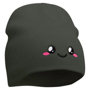 Cute Emoji Face Embroidered 8 Inch Knitted Short Beanie - Dk-Grey OSFM
