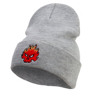 Fire Demon Embroidered 12 Inch Long Knitted Beanie - Heather-Grey OSFM