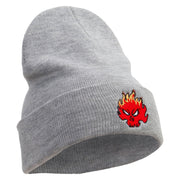 Fire Demon Embroidered 12 Inch Long Knitted Beanie - Heather-Grey OSFM