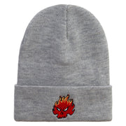 Fire Demon Embroidered 12 Inch Long Knitted Beanie - Heather-Grey OSFM