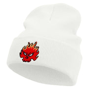 Fire Demon Embroidered 12 Inch Long Knitted Beanie - White OSFM