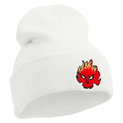 Fire Demon Embroidered 12 Inch Long Knitted Beanie - White OSFM