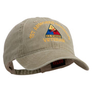 U.S. Army 1st Armored Division Embroidered Washed Solid Pigment Dyed Cotton Twill Brass Buckle Cap - Khaki OSFM