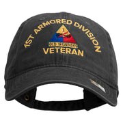 U.S. Army 1st Armored Division Embroidered Washed Solid Pigment Dyed Cotton Twill Brass Buckle Cap - Black OSFM