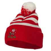 Ho Ho Ho Santa Embroidered Striped Pom Cuff Beanie