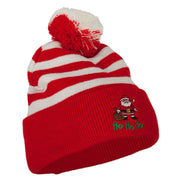 Ho Ho Ho Santa Embroidered Striped Pom Cuff Beanie