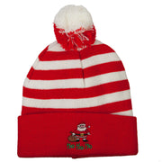 Ho Ho Ho Santa Embroidered Striped Pom Cuff Beanie