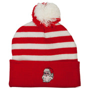 Santa Claus Head Embroidered Striped Pom Cuff Beanie